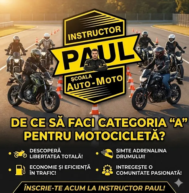 Motocicliști în jurul logo-ului Instructor Paul