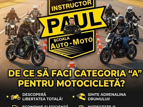 Motocicliști în jurul logo-ului Instructor Paul
